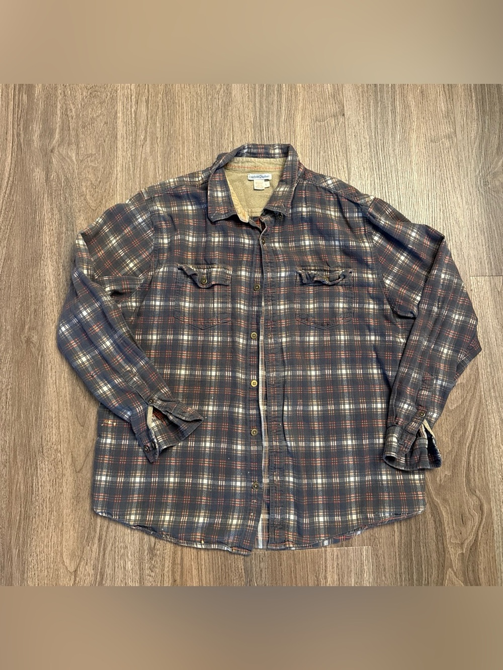 Carbon2cobalt women’s Sportswear brown, white, and beige plaid shirt. Large